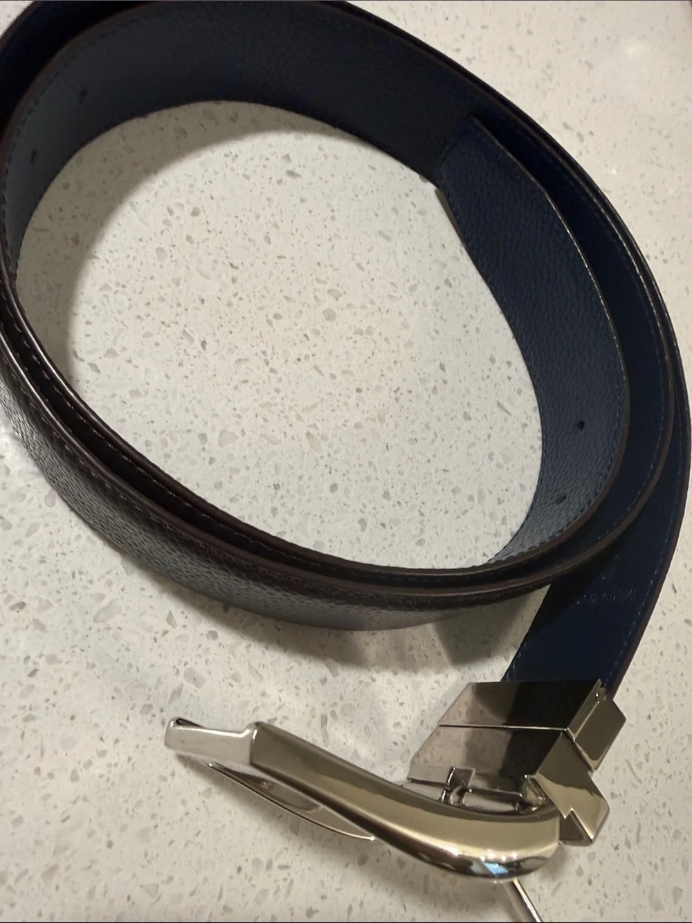 Zanzara Mens Reversible Leather Belt Brown Navy Blue Silver Buckle Size 40